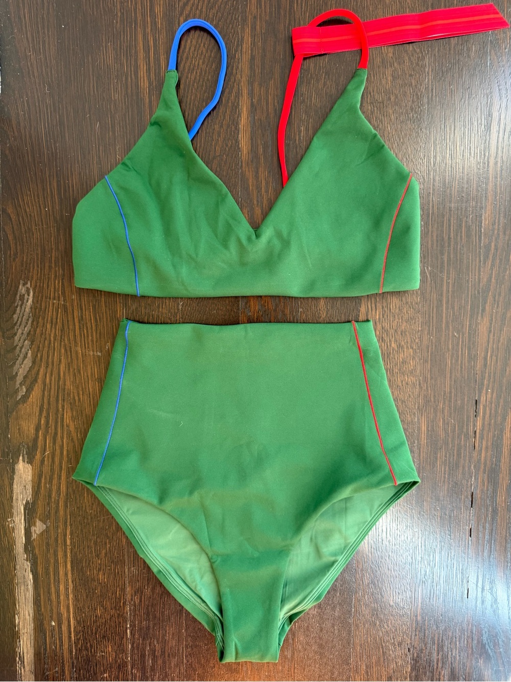 Clare V Green High-Waist Bikini with Red and Blue Straps